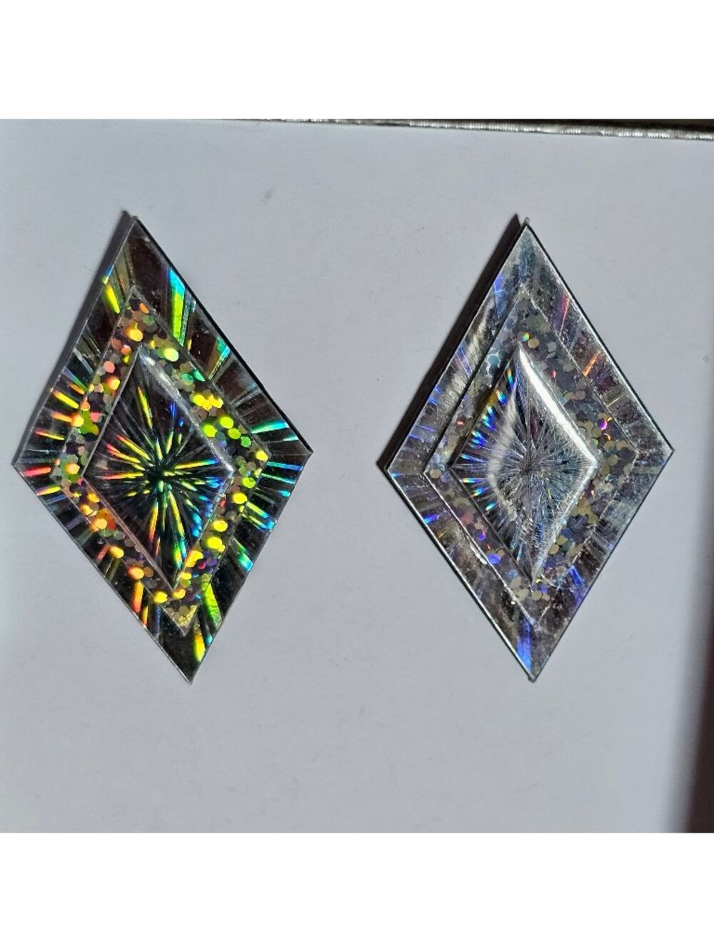 (403) Iridescent Prism Diamond Shaped Plastic Pierced Earrings Vintage Disco Rav